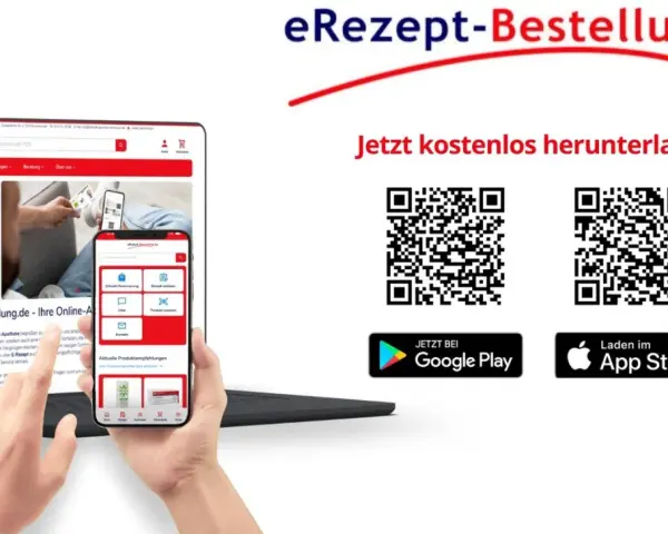 Laptop mit Webseite, Handy mit App, QR-Codes und App Store/Google Play Logos.