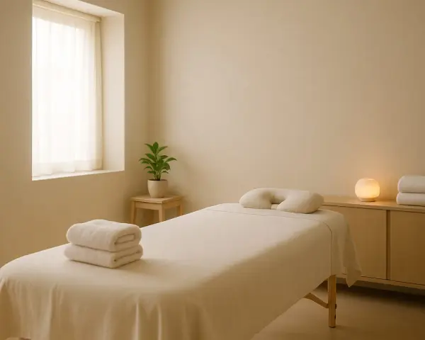 Ein heller Raum mit einer Massageliege, Handtüchern und einer kleinen Pflanze. Perfekt für eine entspannende Massage Auszeit.