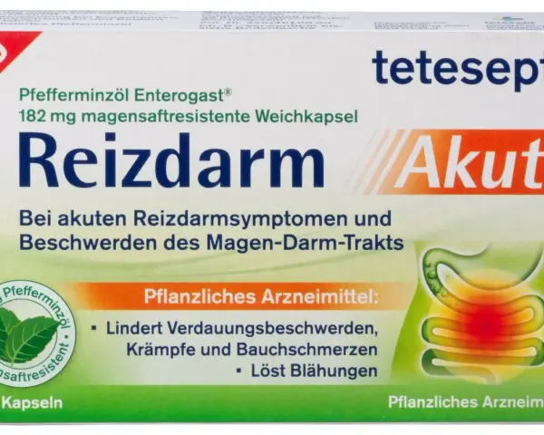 Verpackung von Reizdarm Akut mit Pfefferminzöl, magensaftresistenten Kapseln und Abbildung des Verdauungstrakts.