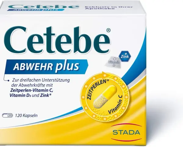 Verpackung von Cetebe Abwehr plus mit Kapseln, Vitamin C, D und Zink.