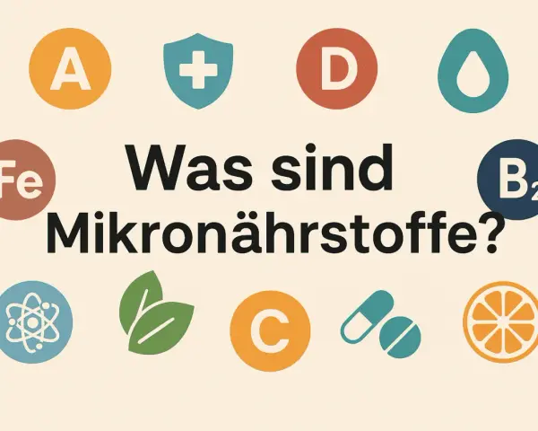 Symbole für Vitamine (A, D, B2, C), Mineralstoffe (Fe) und weitere Nährstoffe mit Text "Was sind Mikronährstoffe?".