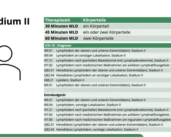 Stadium II: Kosten für 60 Minuten MLD bei zwei Körperteilen. Tabelle zeigt Lymphödeme, Lipödeme und deren Behandlung.