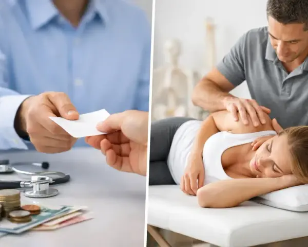 GKV Preise Physiotherapie: Arzt gibt Karte, Patientin erhält Behandlung.