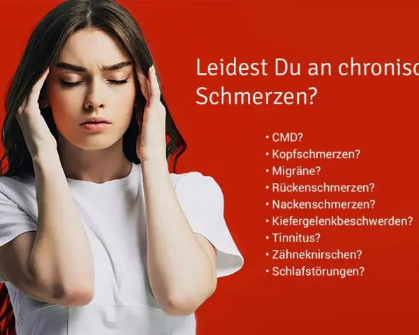 Junge Frau mit Kopfschmerzen, fragt nach CMD, Migräne, Rückenschmerzen. Physiotherapie kann helfen, oft von der Krankenkasse übernommen.