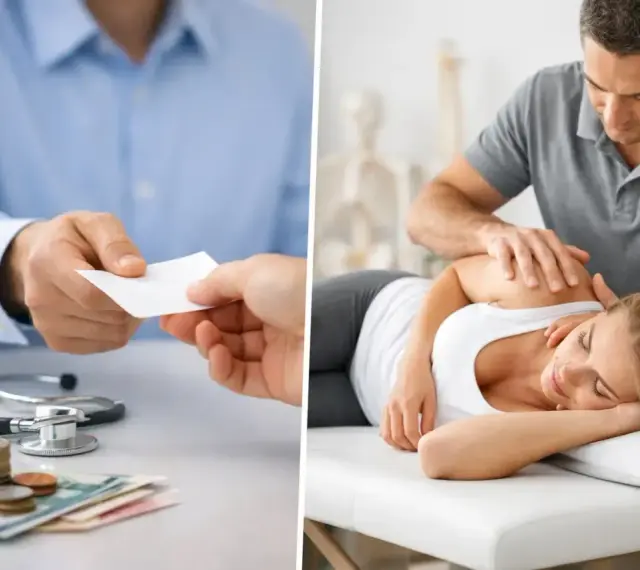 GKV Preise Physiotherapie: Arzt gibt Karte, Patientin erhält Behandlung.