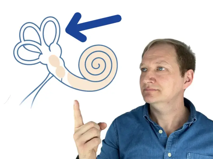 Mann zeigt auf schematische Darstellung des Innenohrs mit Pfeil.