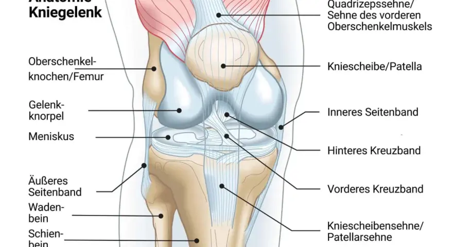 Anatomie des Kniegelenks mit Beschriftungen. Mögliche Ursache für seitliche Knieschmerzen: das äußere Seitenband.