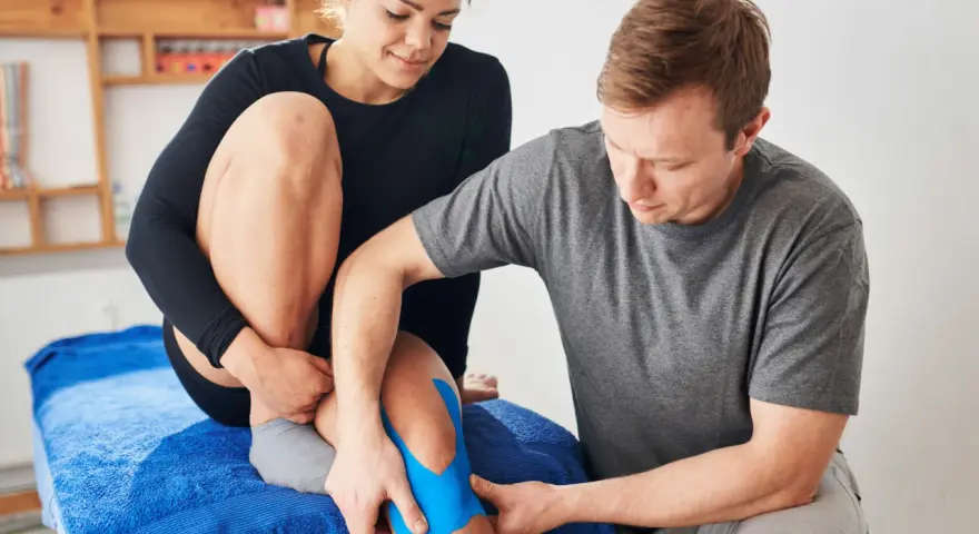 Mann legt blaues Tape auf Knie einer Frau. Eine Anleitung zum ultraschalltherapie selber machen könnte hier nützlich sein.