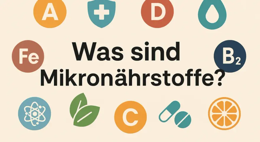 Symbole für Vitamine (A, D, B2, C), Mineralstoffe (Fe) und weitere Nährstoffe mit Text "Was sind Mikronährstoffe?".