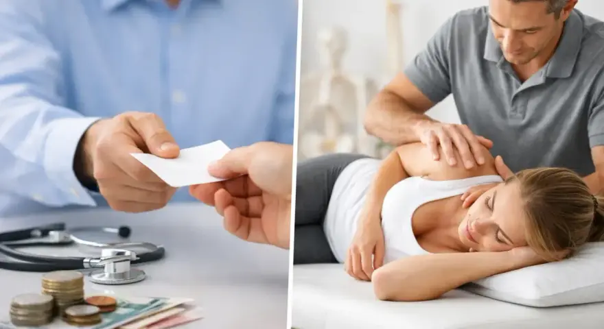 GKV Preise Physiotherapie: Arzt gibt Karte, Patientin erhält Behandlung.