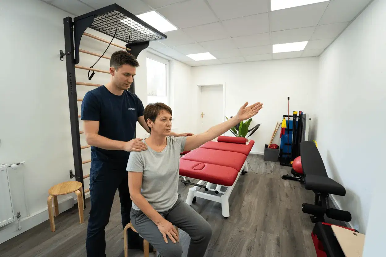 Mann unterstützt Frau bei Bobath-Therapie für Erwachsene. Sie sitzt auf einem Hocker, er steht hinter ihr.