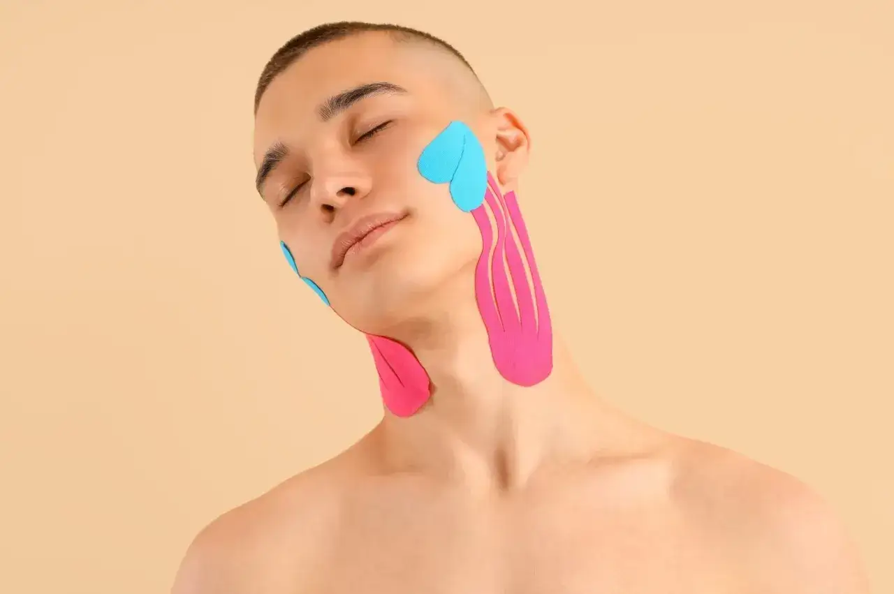 Mann mit Kinesio-Tapes im Gesicht und Nacken zur Unterstützung des Kiefergelenks.