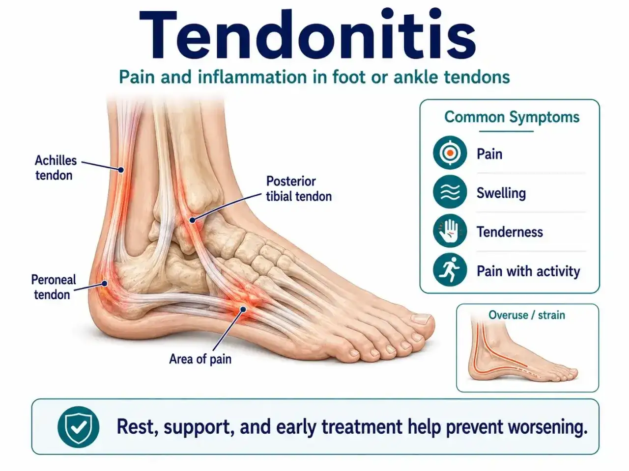 Anatomische Darstellung des Fußes mit hervorgehobenen Sehnen (Achilles, Peroneal, Tibialis posterior) und Schmerzbereichen, die auf chronische Tendinopathie hinweisen. Symptome wie Schmerz und Schwellung werden gezeigt.