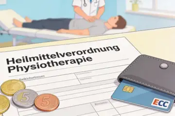 Rezept für Physiotherapie, Münzen und eine EC-Karte liegen auf einem Tisch. Die **Zuzahlung Ergotherapie** ist hier symbolisch dargestellt.