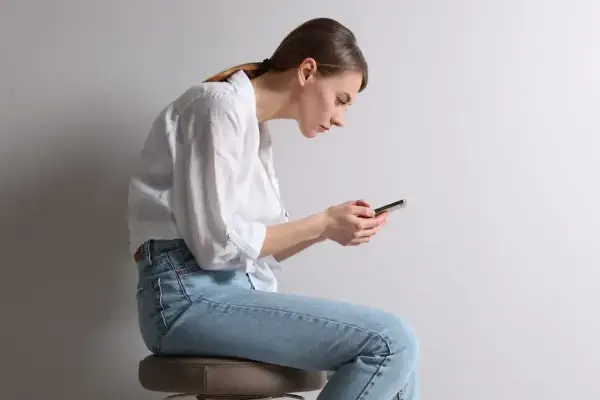 Frau mit gebeugtem Rücken und Handy. Schlechte Haltung kann zu einem Buckel im Nacken Ursache sein.