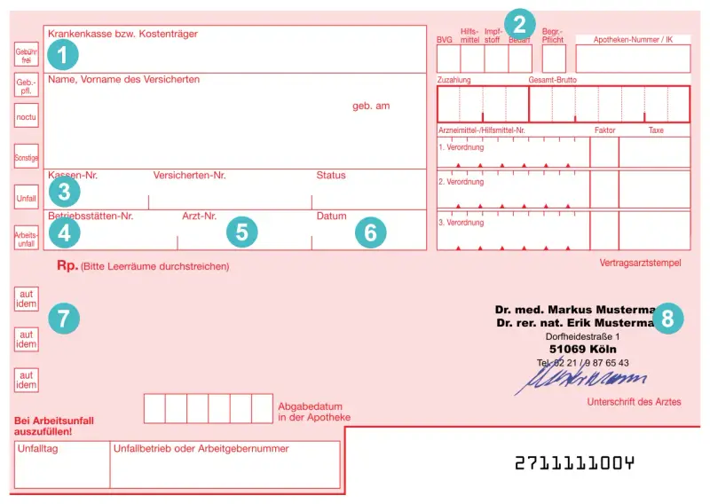 Rezept mit Feldern für Patientendaten, Verordnungen und Arztstempel. Enthält die Angabe "1. Verordnung".