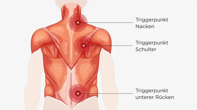 Rückenmuskulatur mit roten Markierungen für Triggerpunkte im Nacken, an der Schulter und im unteren Rücken. Muskel knoten können Schmerzen verursachen.