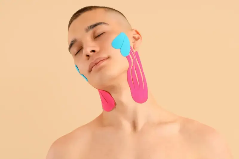Mann mit geschlossenen Augen, dessen Kiefergelenk und Hals mit pinken und blauen Kinesio-Tapes versorgt sind.