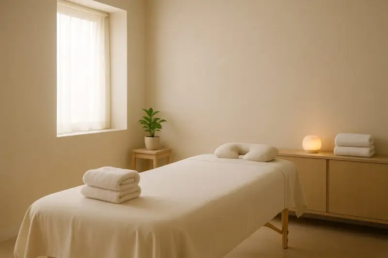 Ein heller Raum mit einer Massageliege, Handtüchern und einer kleinen Pflanze. Perfekt für eine entspannende Massage Auszeit.