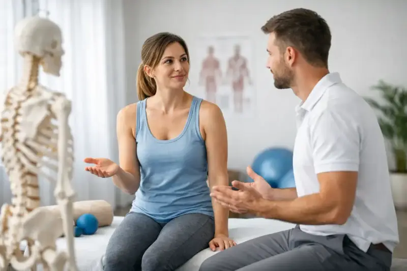 Frau bespricht mit Physiotherapeut, wie oft Physiotherapie in der Woche sinnvoll ist. Skelettmodell im Vordergrund.