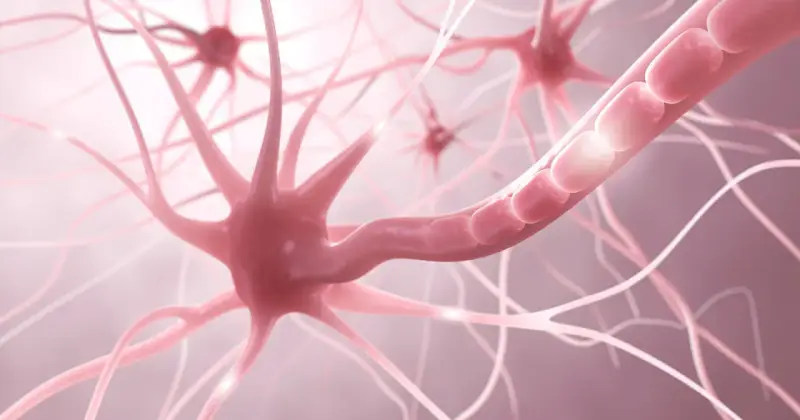Nahaufnahme von Neuronen, die auf gereizte Nerven Symptome hindeuten. Die Nervenenden sind stark verzweigt und leuchten.