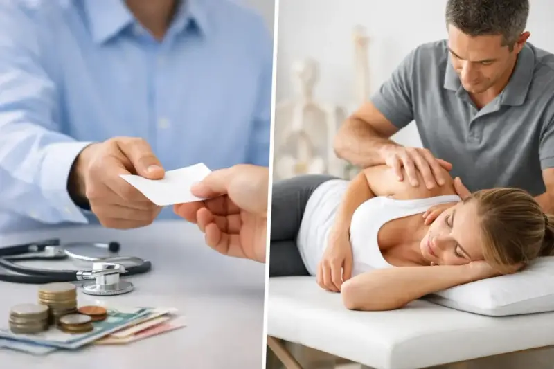 GKV Preise Physiotherapie: Arzt gibt Karte, Patientin erhält Behandlung.