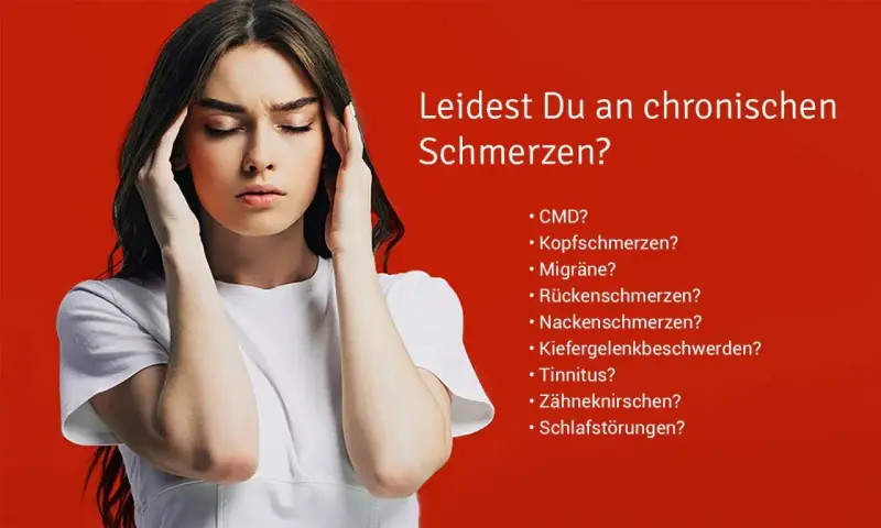 Junge Frau mit Kopfschmerzen, fragt nach CMD, Migräne, Rückenschmerzen. Physiotherapie kann helfen, oft von der Krankenkasse übernommen.